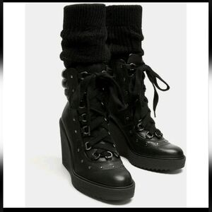ZARA Leather Moto Boot With Sweater Detail Sz 7.5